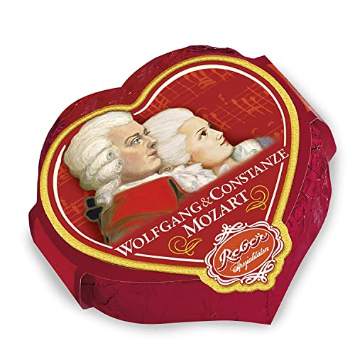 Reber Wolfgang und Constanze Mozart-Herz, Alpenmilch-Schokolade, Alkoholhaltig, Sahne-Trüffel, Weinbrand-Sultanine, Marzipan, 9 Stück von Reber