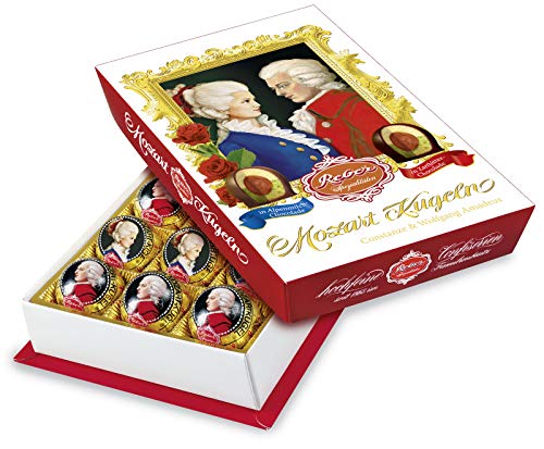 Reber Wolfgang & Constanze Mozart-Kugeln Barock, 15er Packung, Mozart-Kugeln aus Zartbitter- Alpenmilch-Schokolade, Gefüllt mit Pistazien, Marzipan, Mandeln, Haselnuss-Nougat, 300g (15 Mozart-Kugeln) von Reber