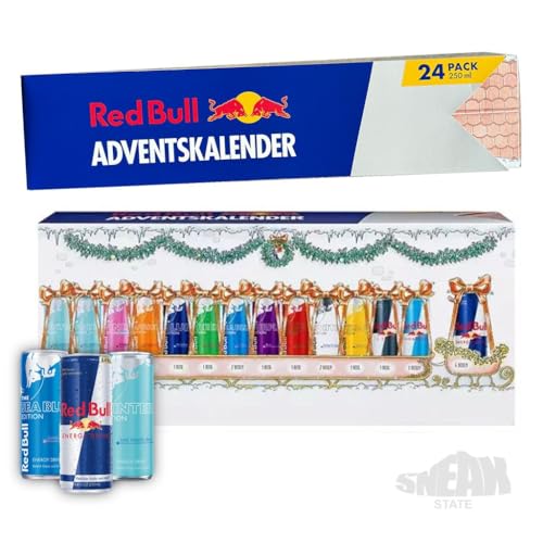 Red Bull Adventskalender 2024 - Offizieller RedBull Weihnachtskalender -NEUHEIT- 24x 0,25 L Getränke Dosen Advent Kalender, verschiedene Sorten Redbull, inkl. JUNG Cosmo Spray Exklusiv 200ml von Red Bull