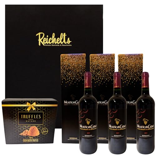 3 x Mouton Cadet Rotwein Baron Philippe de Rothschild Bordeaux 2017 Wein aus Frankreich 0,75 l 13% in Geschenkverpackung + 1 x Schokoladen-Trüffel Natur 150g als Geschenkset in Präsentbox by Reichelts von Reichelts