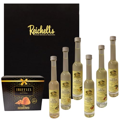 6 x Prinz Alte Sorten Schnaps gemischt je 0,04 l 41% + 1 x Schokoladen-Trüffel Natur 150g als Geschenkset mit Präsentbox by Reichelts von Reichelts