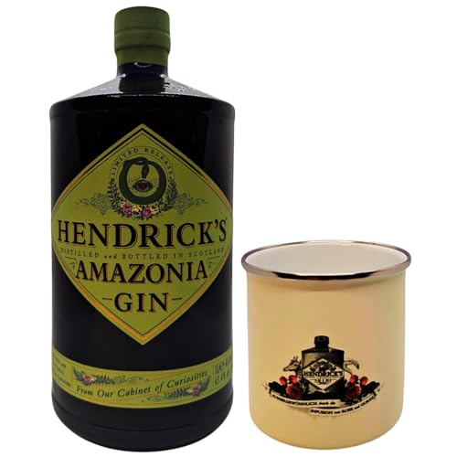 Hendricks Gin Amazonia 1 l 43,4% + 1 x original Hendricks Gin Metall Becher in weiß 0,2 l mit Bild und Schriftzug by Reichelts von Reichelts