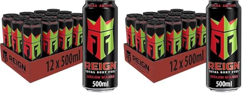 Reign Melon Mania - koffeinhaltiger Energy Drink mit Wassermelonen-Geschmack - ohne Zucker, ohne Kalorien und ohne Farbstoffe - in praktischen Einweg Dosen (12 x 500 ml) (Packung mit 2) von Reign