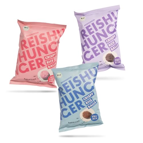 REISHUNGER Bio Crispy Rice Balls Probier Set Vollmilch, Zartbitter, Weiße Schokolade-Himbeere (6 x 50 g) - Knusprige Reisbällchen im Schokomantel von Reishunger