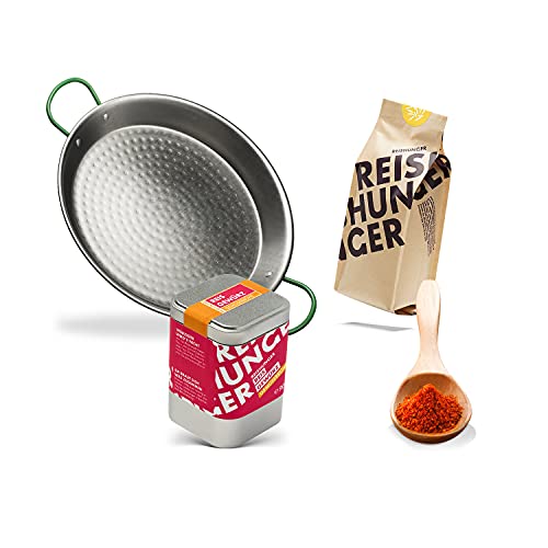 REISHUNGER Paella Pfannen Set (4 Personen) mit Pfanne (Paellera), originalem Paella Reis, Paella Reis Gewürz und Gemüsebrühe - Auch für 8 und 16 Personen verfügbar - Ideal als Geschenk von Reishunger