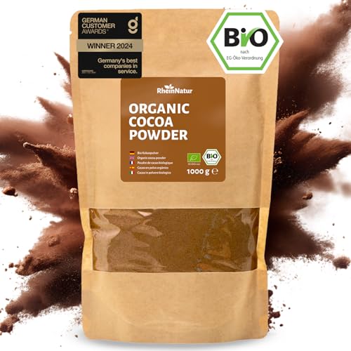 RheinNatur Bio Kakaopulver 1 kg - 100% reiner Kakao in Bio-Qualität, ungesüßt & ohne Zusatzstoffe - Ideal zum Backen, für heiße Schokolade & Smoothies - 1000 g Beutel von RheinNatur