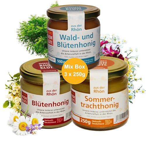 Echter Honig I Blütenhonig, Sommertrachthonig und Wald- & Blütenhonig – Set aus 3 x 250g Glas | Regional & Nachhaltiger Honig direkt vom Imker natürlicher Honig | Naturbelassener Honig von Rhönblüte