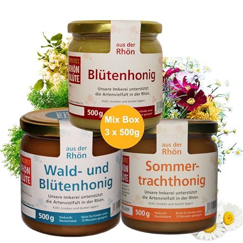 Echter roher Honig I Blütenhonig, Sommertrachthonig und Wald- & Blütenhonig – Set aus 3 x 500g Glas | Regional & Nachhaltiger Honig direkt vom Imker natürlicher Honig roh | Naturbelassener Honig von Rhönblüte