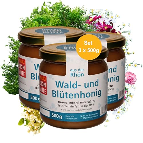 Hochwertiger Wald-& Blütenhonig – Set aus 3 x 500g Glas | roher Honig direkt vom Imker natürlicher Honig | Naturbelassen und Nachhaltig Honig aus dem Biosphärenreservat Rhön von Rhönblüte