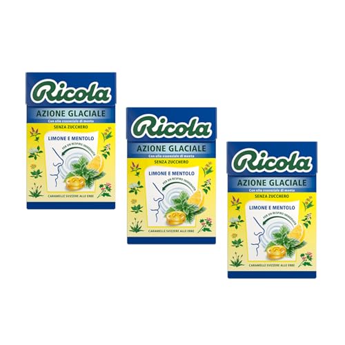 Ricola® | Eis-Action-Bonbon | Wohltuende und erfrischende Schweizer Kräuterbonbons | Zuckerfreie Zitronen-Menthol-Bonbons – 3 Schachteln (150 Gr) von Ricola