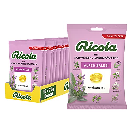 Ricola Alpen Salbei, 18 Beutel original Schweizer Kräuter-Bonbons mit 13 Schweizer Alpenkräutern & würzigem Salbei, zuckerfrei, 18 x 75g, vegan von Ricola