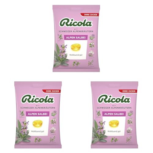 Ricola Alpen Salbei, 75g Beutel original Schweizer Kräuter-Bonbons mit 13 Schweizer Alpenkräutern & würzigem Salbei, zuckerfrei, 1 x 75g (Packung mit 3) von Ricola