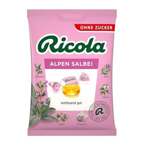 Ricola Alpen Salbei, 75g Beutel Original Schweizer Kräuter-Bonbons mit 13 Schweizer Alpenkräutern & würzigem Salbei, zuckerfrei, 1 x 75g, vegan von Ricola