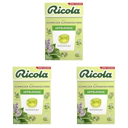 Ricola Apfelminze, 50g Böxli Original Schweizer Kräuter-Bonbons mit 13 Alpenkräutern & fruchtig-erfrischendem Apfel, zuckerfrei, 1 x 50g, vegan (Packung mit 3) von Ricola