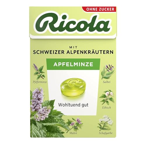 Ricola Apfelminze, 50g Böxli original Schweizer Kräuter-Bonbons mit 13 Alpenkräutern & fruchtig-erfrischendem Apfel, zuckerfrei, 1 x 50g, vegan (Packung mit 10) von Ricola