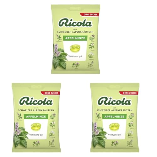 Ricola Apfelminze, 75g Beutel original Schweizer Kräuter-Bonbons mit 13 Schweizer Alpenkräutern & natürlicher Apfelminze, zuckerfrei, 1 x 75g, vegan (Packung mit 3) von Ricola