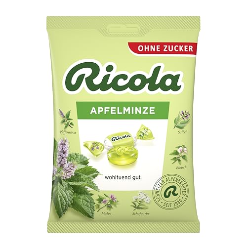 Ricola Apfelminze, 75g Beutel Original Schweizer Kräuter-Bonbons mit 13 Schweizer Alpenkräutern & natürlicher Apfelminze, zuckerfrei, 1 x 75g, vegan von Ricola