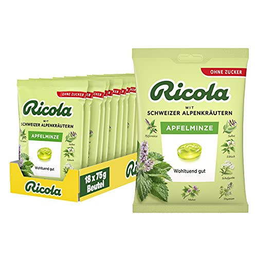 Ricola Apfelminze, Schweizer Kräuterbonbon, 18 x 75g Beutel, ohne Zucker, Wohltuend und erfrischender Genuss von Ricola