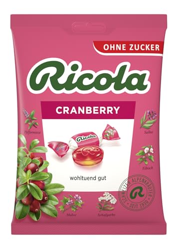 Ricola Cranberry, Original Schweizer Kräuter-Bonbons mit 13 Alpenkräutern und erfrischend-fruchtiger Cranberry, zuckerfrei, 1 x 75gx, vegan (Packung mit 10) von Ricola