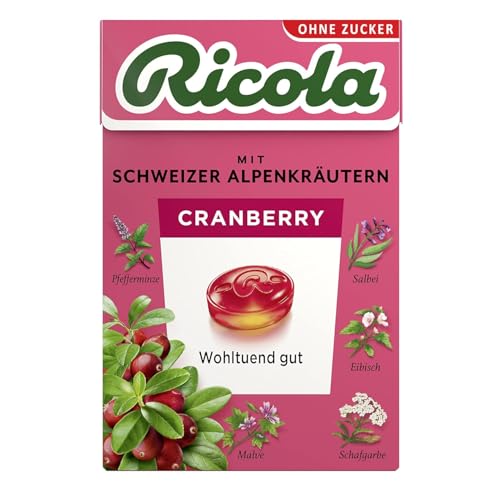 Ricola Cranberry, 50g Böxli Original Schweizer Kräuter-Bonbons mit 13 Alpenkräutern & fruchtig-erfrischender Cranberry, zuckerfrei, 1 x 50g, vegan von Ricola