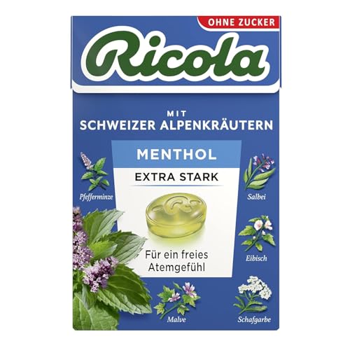 Ricola EXTRA STARK Menthol, 50g Böxli Original Schweizer Kräuter-Bonbons mit 13 Alpenkräutern & natürlichem Menthol, zuckerfrei, 1 x 50g, vegan (Packung mit 10) von Ricola