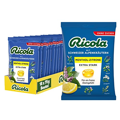 Ricola EXTRA STARK Menthol-Zitrone, 18 Beutel Original Schweizer Kräuter-Bonbons mit 13 Alpenkräutern & natürlichem Menthol, zuckerfrei, 18 x 75g von Ricola