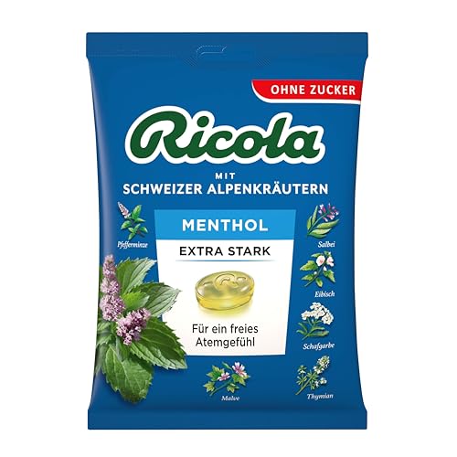 Ricola EXTRA STARK Menthol - zuckerfreies Halsbonbon mit 13 Schweizer Alpenkräutern, vegan, 75g Beutel (Packung mit 10) von Ricola