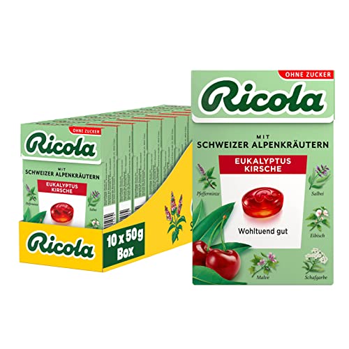 Ricola Eukalyptus Kirsche, 10 Böxli original Schweizer Kräuter-Bonbons mit 13 Alpenkräutern & fruchtiger Kirsche, zuckerfrei, 10 x 50g, vegan von Ricola