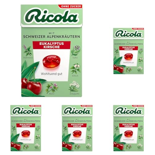 Ricola Eukalyptus Kirsche, 50g Böxli original Schweizer Kräuter-Bonbons mit 13 Alpenkräutern & fruchtig-frischer Kirsche, zuckerfrei, 1 x 50g, vegan (Packung mit 5) von Ricola