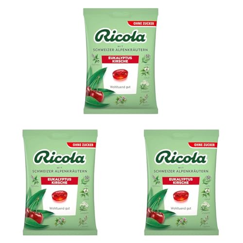 Ricola Eukalyptus Kirsche, 75g Beutel original Schweizer Kräuter-Bonbons mit 13 Alpenkräutern & fruchtig-frischer Kirsche, zuckerfrei, 1 x 75g, vegan (Packung mit 3) von Ricola