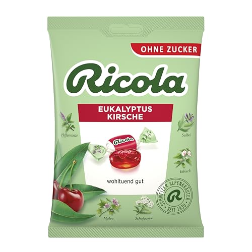 Ricola Eukalyptus Kirsche, 75g Beutel original Schweizer Kräuter-Bonbons mit 13 Alpenkräutern & fruchtig-frischer Kirsche, zuckerfrei, 1 x 75g von Ricola