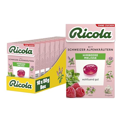 Ricola Himbeere Melisse, 10 Böxli Original Schweizer Kräuter-Bonbons mit 13 Alpenkräutern & fruchtiger Himbeere, zuckerfrei, Vorrats-Box, 10 x 50g, vegan von Ricola