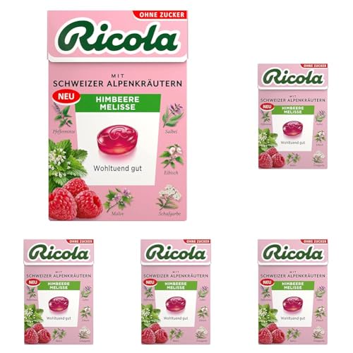 Ricola Himbeere Melisse, 50g Böxli Schweizer Kräuter-Bonbons mit 13 Alpenkräutern & fruchtig-erfrischender Himbeere, zuckerfrei, 1 x 50g, vegan (Packung mit 5) von Ricola