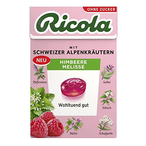 Ricola Himbeere Melisse, 50g Böxli Original Schweizer Kräuter-Bonbons mit 13 Alpenkräutern & fruchtig-erfrischender Himbeere, zuckerfrei, 1 x 50g, vegan von Ricola