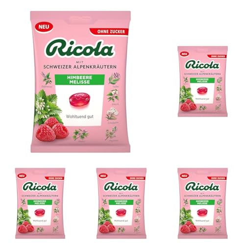 Ricola Himbeere Melisse, 75g Beutel original Schweizer Kräuter-Bonbons mit 13 Alpenkräutern & fruchtig-frischer Himbeere, zuckerfrei, 1 x 75g, vegan (Packung mit 5) von Ricola