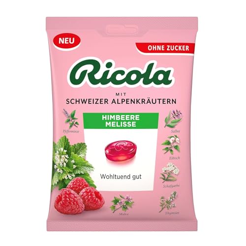 Ricola Himbeere Melisse, 75g Beutel original Schweizer Kräuter-Bonbons mit 13 Alpenkräutern & fruchtig-frischer Himbeere, zuckerfrei, 1 x 75g, vegan von Ricola