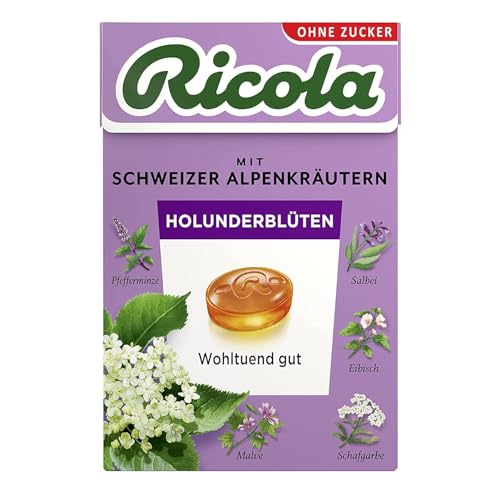 Ricola Holunderblüten, 50g Böxli Original Schweizer Kräuter-Bonbons mit 13 Alpenkräutern & fruchtig-blumiger Holunderblüte, zuckerfrei, 1 x 50g, vegan von Ricola