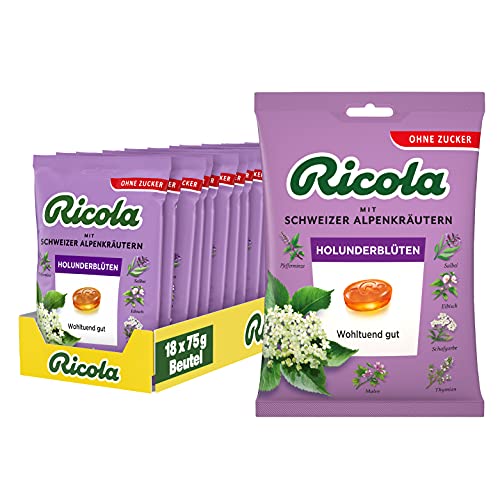 Ricola Holunderblüten, Schweizer Kräuterbonbon, 18 x 75g Beutel, ohne Zucker, Wohltuend und erfrischender Genuss von Ricola