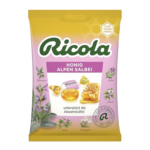 Ricola Honig Alpen Salbei, 75g Beutel Original Schweizer Kräuter-Bonbons mit 13 Alpenkräutern, wohltuendem Honig, Salbei & Vitamin C, 1 x 75g von Ricola