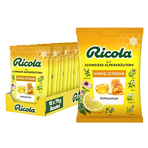 Ricola Honig Zitrone, 18 Beutel original Schweizer Kräuter-Bonbons mit 13 Schweizer Alpenkräutern, wohltuender Genuss, 18 x 75g von Ricola