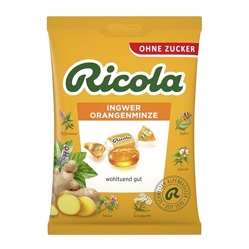 Ricola Ingwer & Orangenminze, 75g Beutel Original Schweizer Kräuter-Bonbons mit 13 Alpenkräutern, zuckerfrei, 1 x 75g, vegan von Ricola