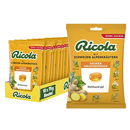 Ricola Ingwer Orangenminze, 18 Beutel Original Schweizer Kräuter-Bonbons mit 13 Alpenkräutern & erfrischendem Ingwer, zuckerfrei, 18 x 75g von Ricola