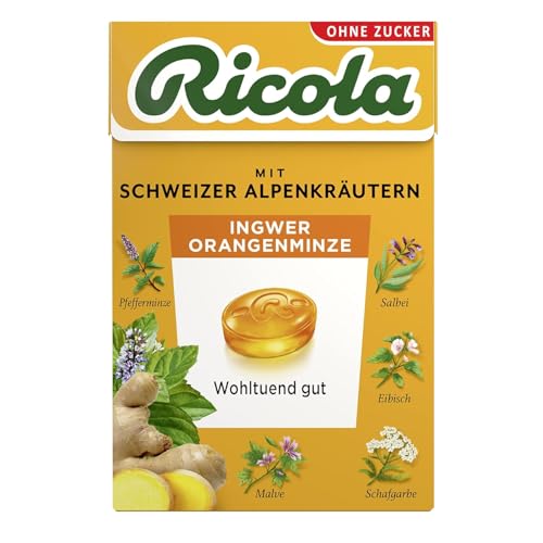 Ricola Ingwer Orangenminze, 50g Böxli original Schweizer Kräuter-Bonbons mit 13 Alpenkräutern, fruchtiger Orange & Ingwer, zuckerfrei, 1 x 50g, vegan (Packung mit 10) von Ricola