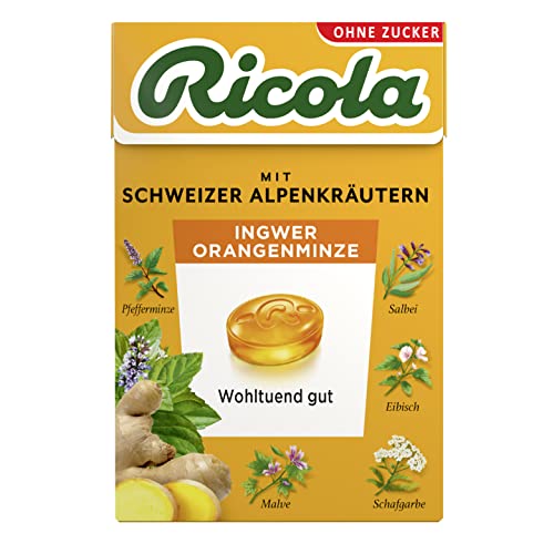 Ricola Ingwer Orangenminze, 50g Böxli original Schweizer Kräuter-Bonbons mit 13 Alpenkräutern, fruchtiger Orange & Ingwer, zuckerfrei, 1 x 50g, vegan von Ricola
