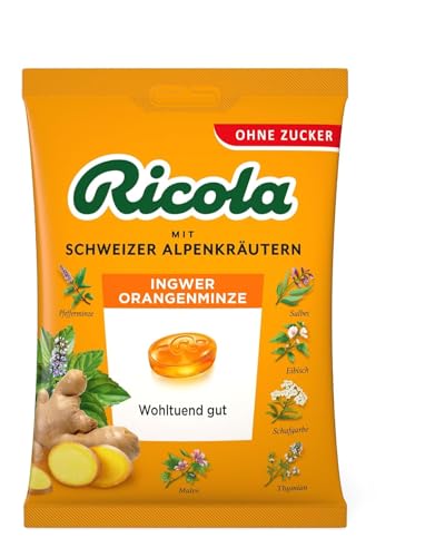 Ricola Ingwer und Orangenminze, 75g Beutel original Schweizer Kräuter-Bonbons mit 13 Alpenkräutern, Husten-Bonbons zuckerfrei, 1 x 75g, vegan (Packung mit 10) von Ricola