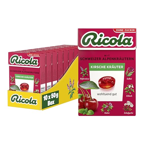 Ricola Kirsche Kräuter, 10 Böxli original Schweizer Kräuter-Bonbons mit 13 Alpenkräutern und fruchtiger Kirsche, zuckerfrei, Vorrats-Box, 10 x 50g von Ricola