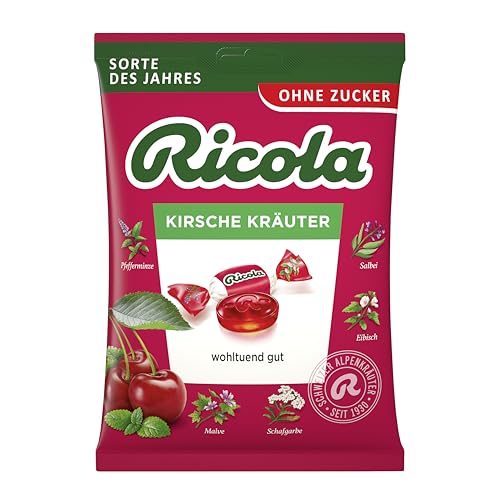 Ricola Kirsche Kräuter, 75g Beutel Original Schweizer Kräuter-Bonbons mit 13 Alpenkräutern und fruchtig-erfrischender Kirsche, zuckerfrei, 1 x 75g von Ricola