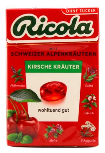 Ricola Kirsche Kräuter Hustenbonbons ohne Zucker Böxli, 20er Pack (20 x 50g) von Ricola