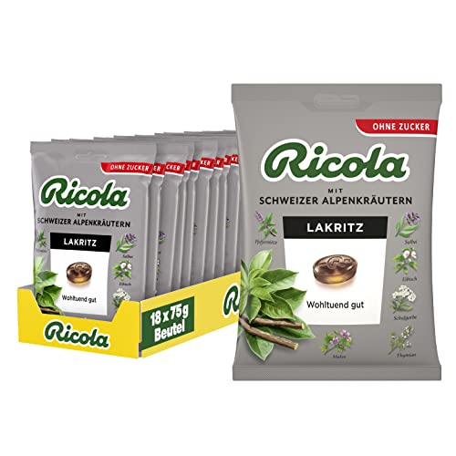 Ricola Lakritz, 18 Beutel original Schweizer Kräuter-Bonbons mit 13 Schweizer Alpenkräutern, zuckerfrei, für wohltuenden Genuss, 18 x 75g von Ricola