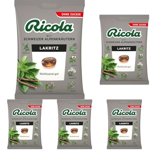 Ricola Lakritz, Original Schweizer Kräuter-Bonbons mit 13 Schweizer Alpenkräutern, zuckerfrei, für wohltuenden Genuss, 1 x 75g, vegan (Packung mit 5) von Ricola